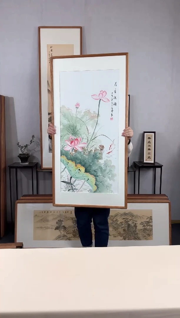 【闪购商品】国画手绘*荷香青韵*62*123cm实木框