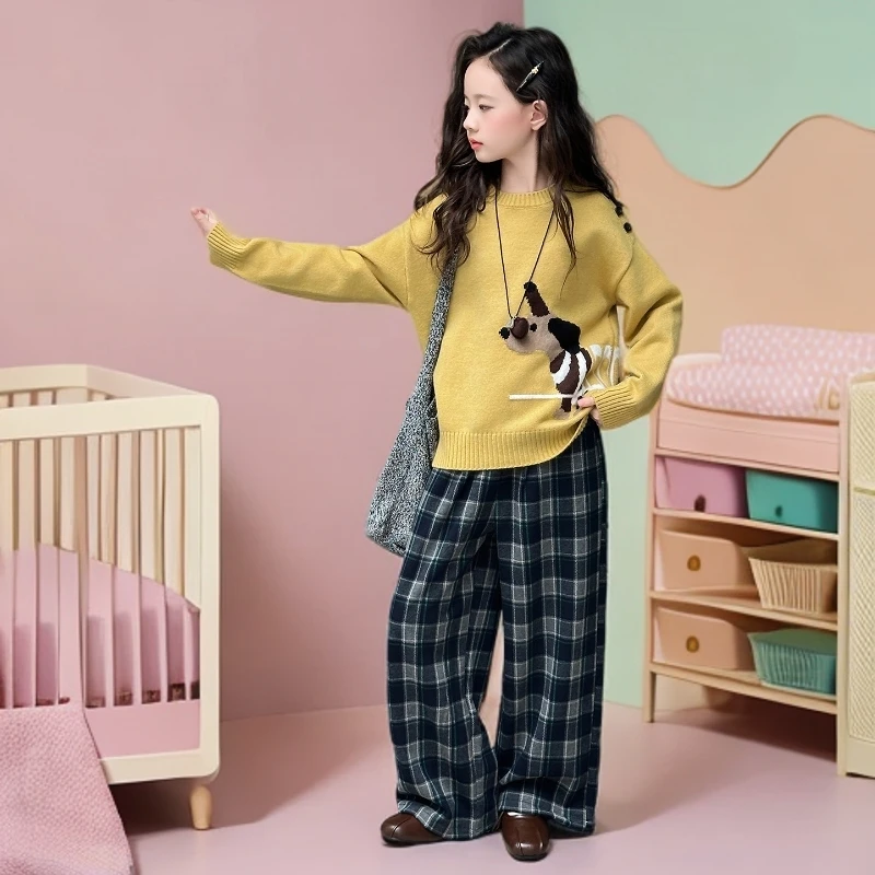 女童套装2025新款儿童洋气秋装毛衣中大童女孩腊毛衣格子裤两件套