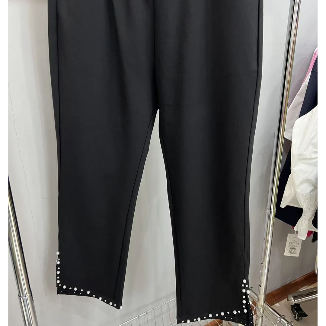 时尚大码洋气款重工珍珠直筒小西裤