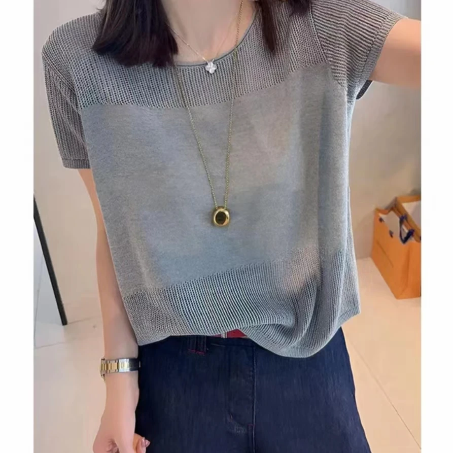 极简风纯色短袖薄款夏季女秋季毛针织衫毛衣宽松显瘦上衣针织衫