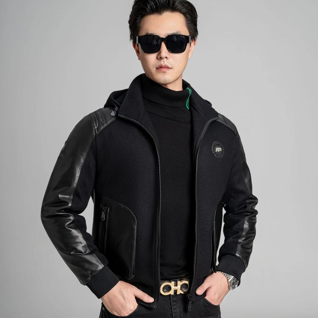 冬季新款男士高定时尚轻奢绵羊皮拼接白鸭绒休闲百搭夹克外套