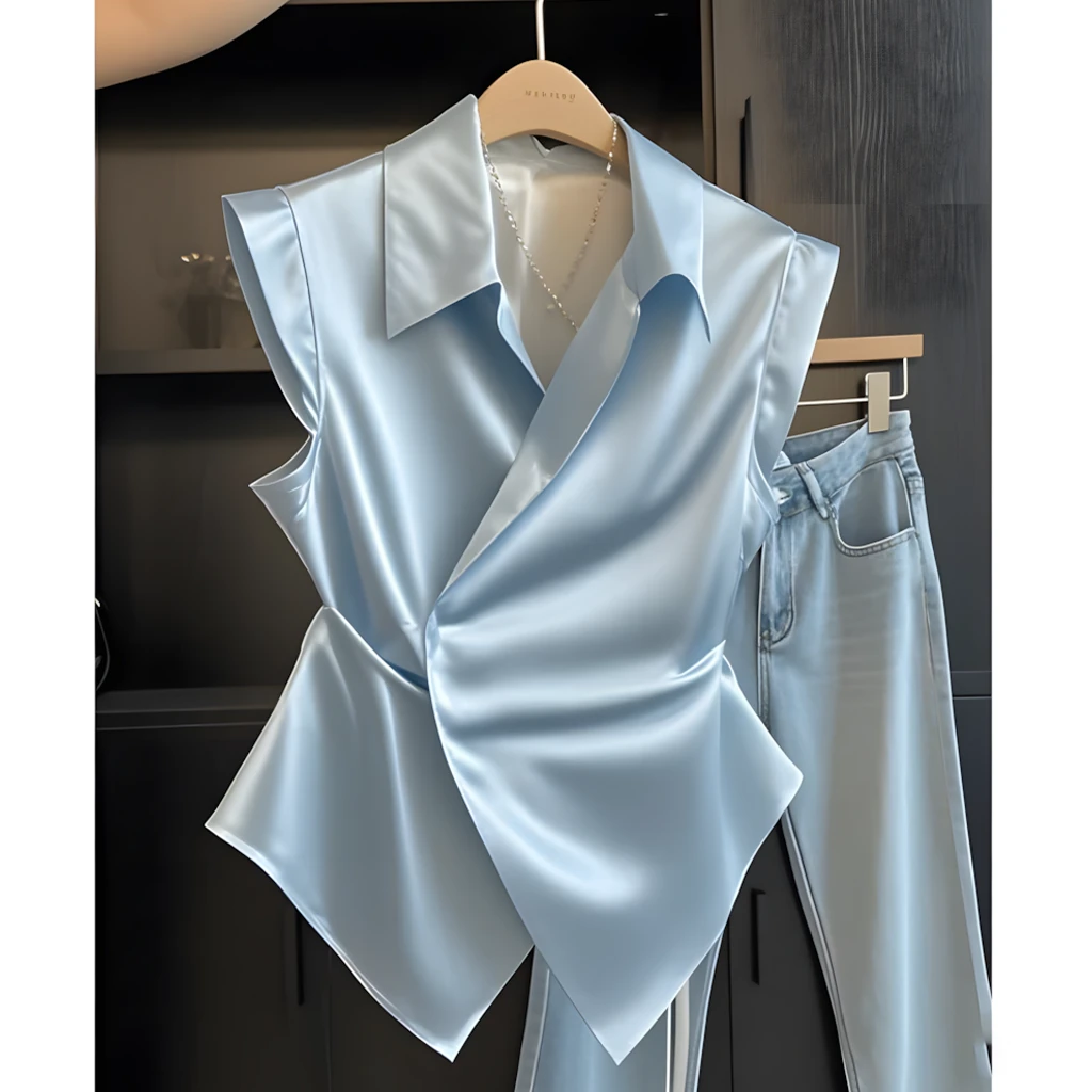 蓝色高级感纯色衬衫女夏季设计感小众收腰衬衣修身显瘦甜辣小上衣