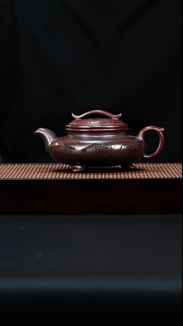 茶壶紫砂宜兴紫砂 如意壶 虾趣 龙山古乌泥 吴国政