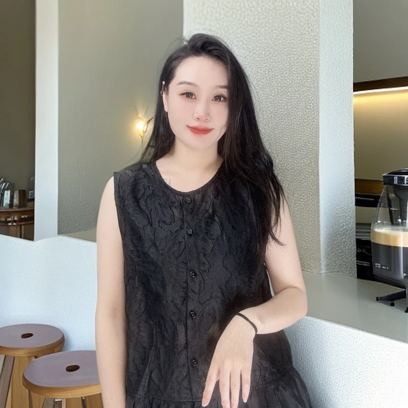 《今喜专属》无袖常规款薄款休闲夏季锦花面料时尚纯色圆领 9976