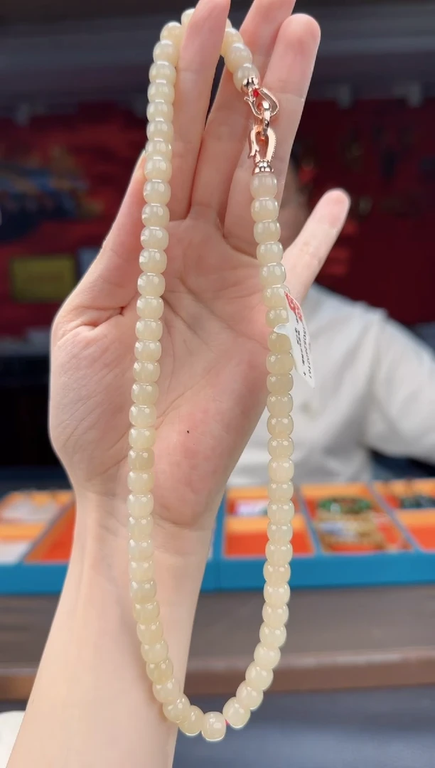 和田玉未镶嵌颈饰藕粉老型珠妈妈链卡8