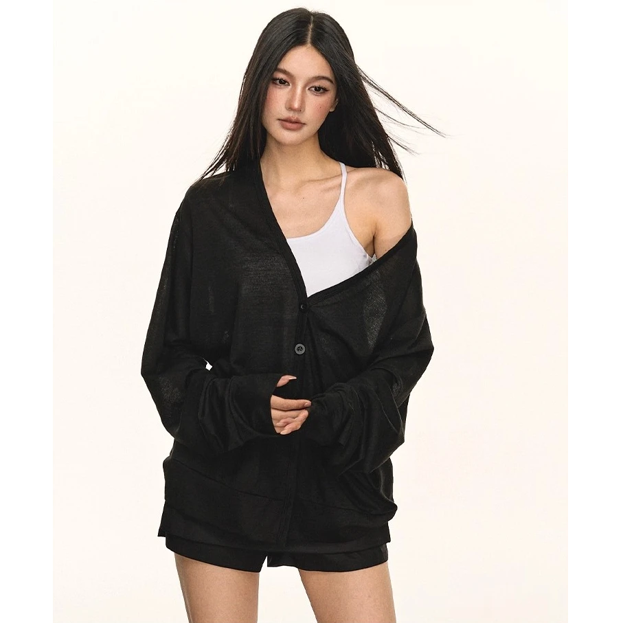 anna aneae微透长袖防晒开衫外套女外搭早秋慵懒宽松百搭v领上衣