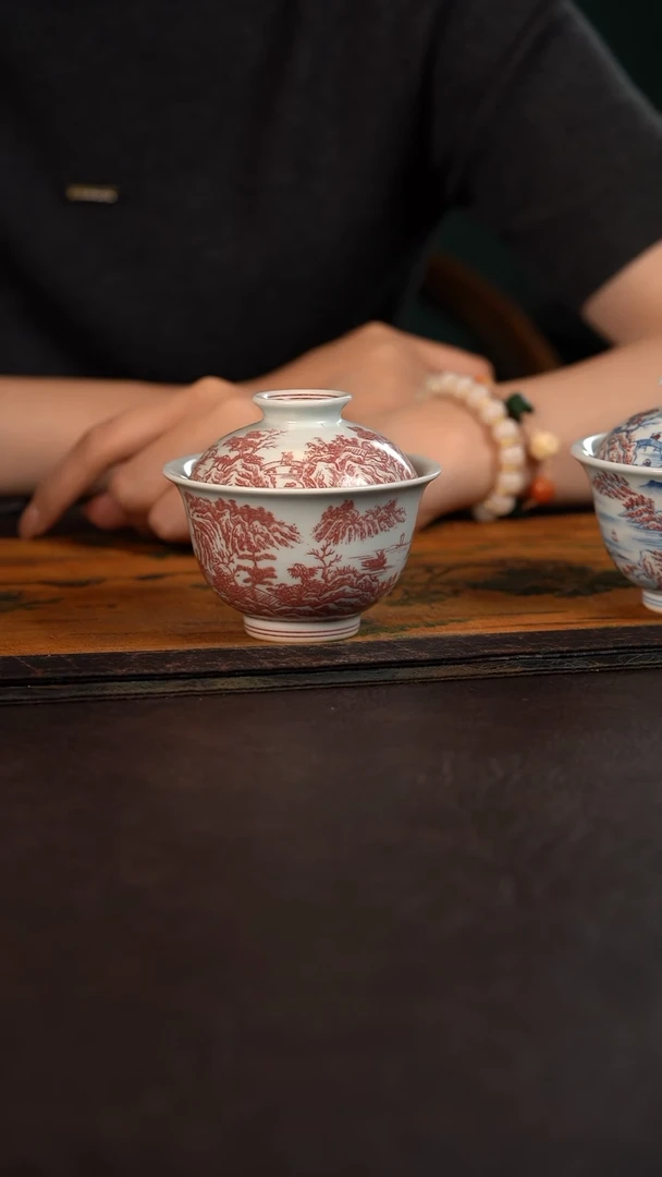 贵红窑釉里红重工山水盖碗