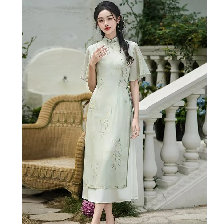【青未了】2025夏季新款新中式中国风改良奥黛绿色清新旗袍 衣长120