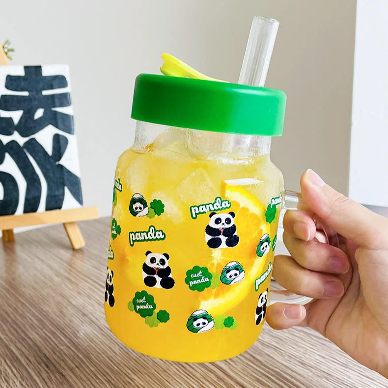 玻璃杯卡通熊猫水杯女高颜值果汁杯加粗吸管奶茶杯家用早餐牛奶杯