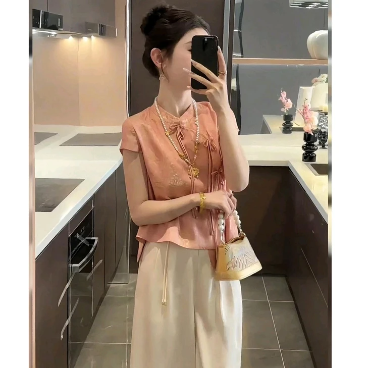 新中式时尚重工高贵气质粉色衬衫女2024夏季新款缎面提花盘扣上衣