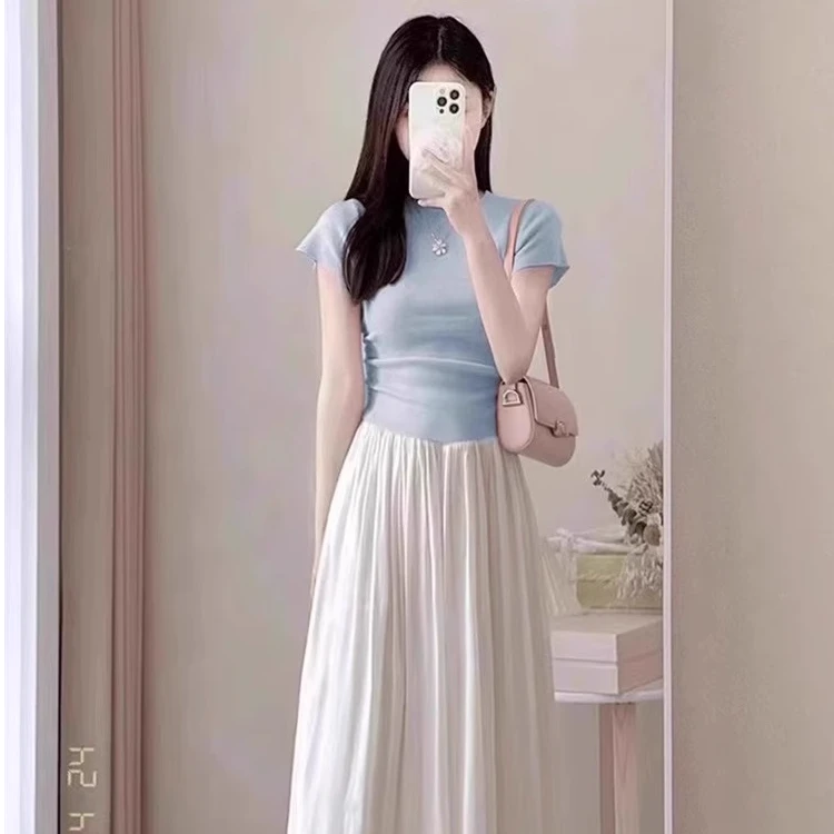 纯欲风蓝色冰丝针织短袖t恤女夏季修身打底衫辣妹短款小飞袖上衣