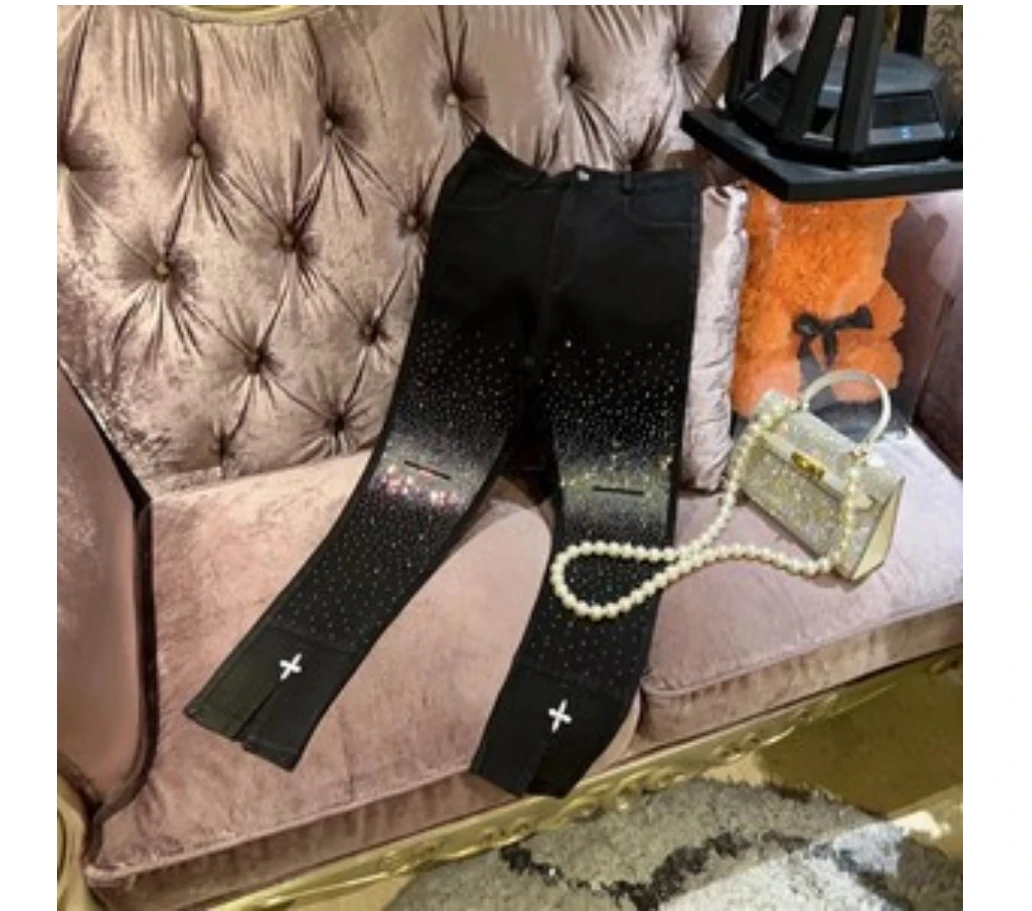 JY&JY橙子大大【廖若晨星】烫钻十字架裤脚开叉牛仔裤 15018