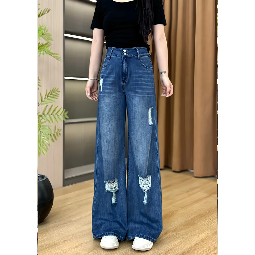 2025夏季新款高腰显瘦气质大码破洞百搭设计感直筒天丝牛仔裤