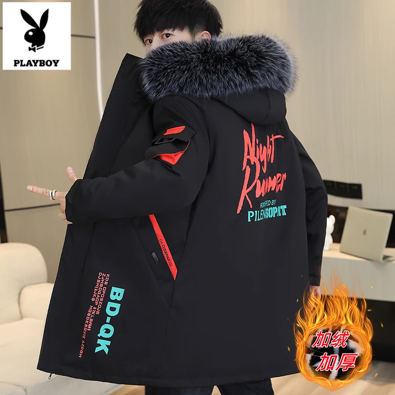 花花公子冬季连帽加绒外套中长款男士加厚潮牌青少年男生休闲风衣