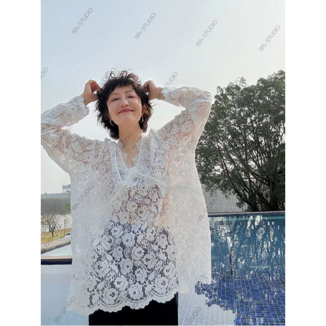 『豆公子』23233高级感微透V领镂空长袖T恤纯色宽松百搭个性蕾丝衫