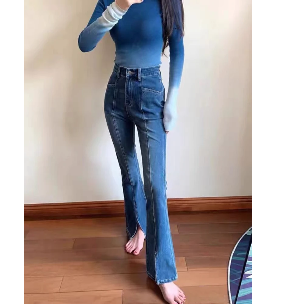 133梨型身材微喇开叉牛仔裤女新款弹力高腰修身拖地长裤子女