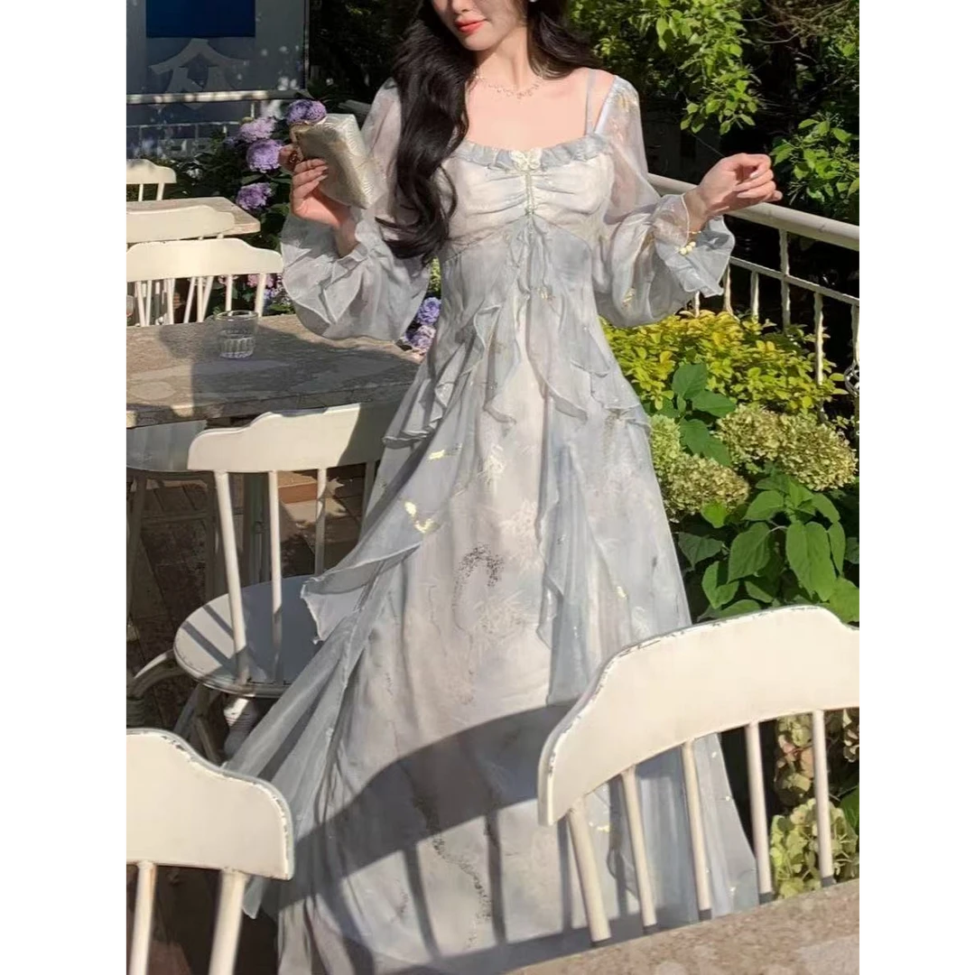 大码春季氛围感气质仙女裙子紫蝴蝶荷叶边长袖轻奢连衣裙10830