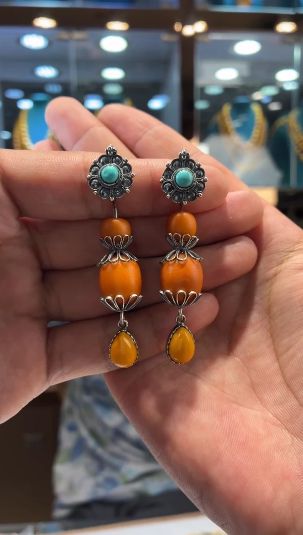 蜜蜡银S925镶嵌耳坠噶玛珠宝天然流动纹精选同款发其一