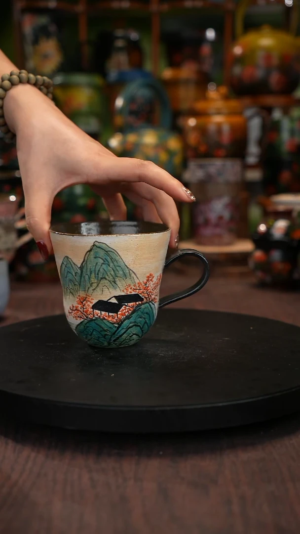 油画手绘釉下彩杯子