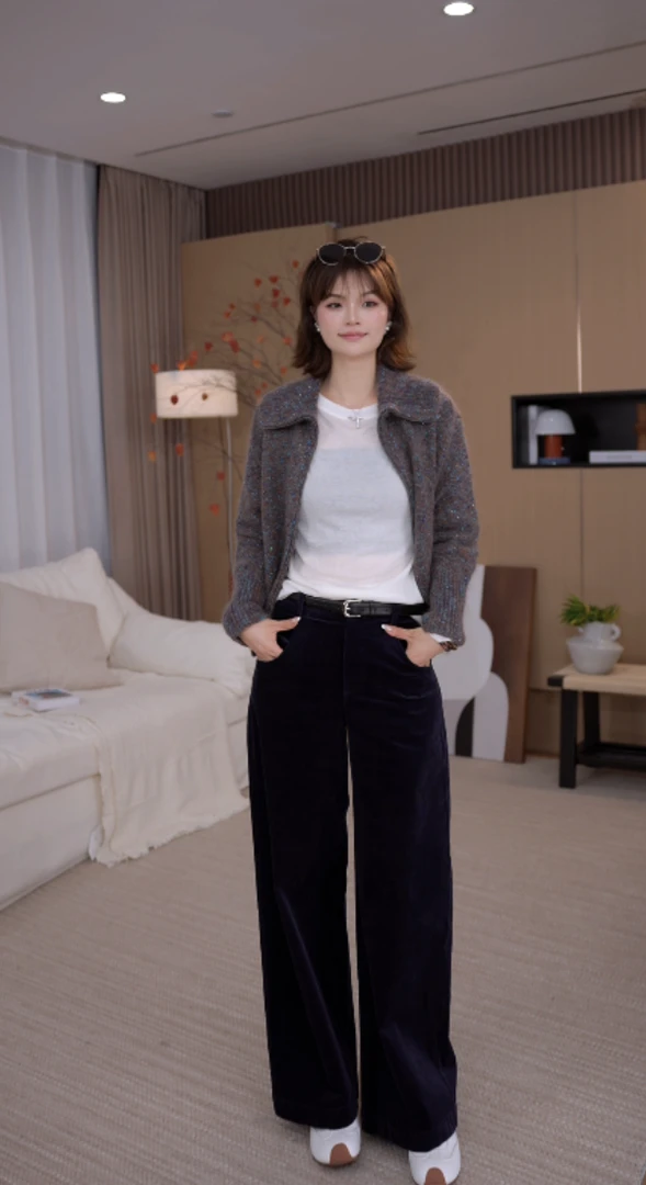 Malinlin老马藏青色灯芯绒直筒裤女秋冬新款时尚减龄洋气休闲裤