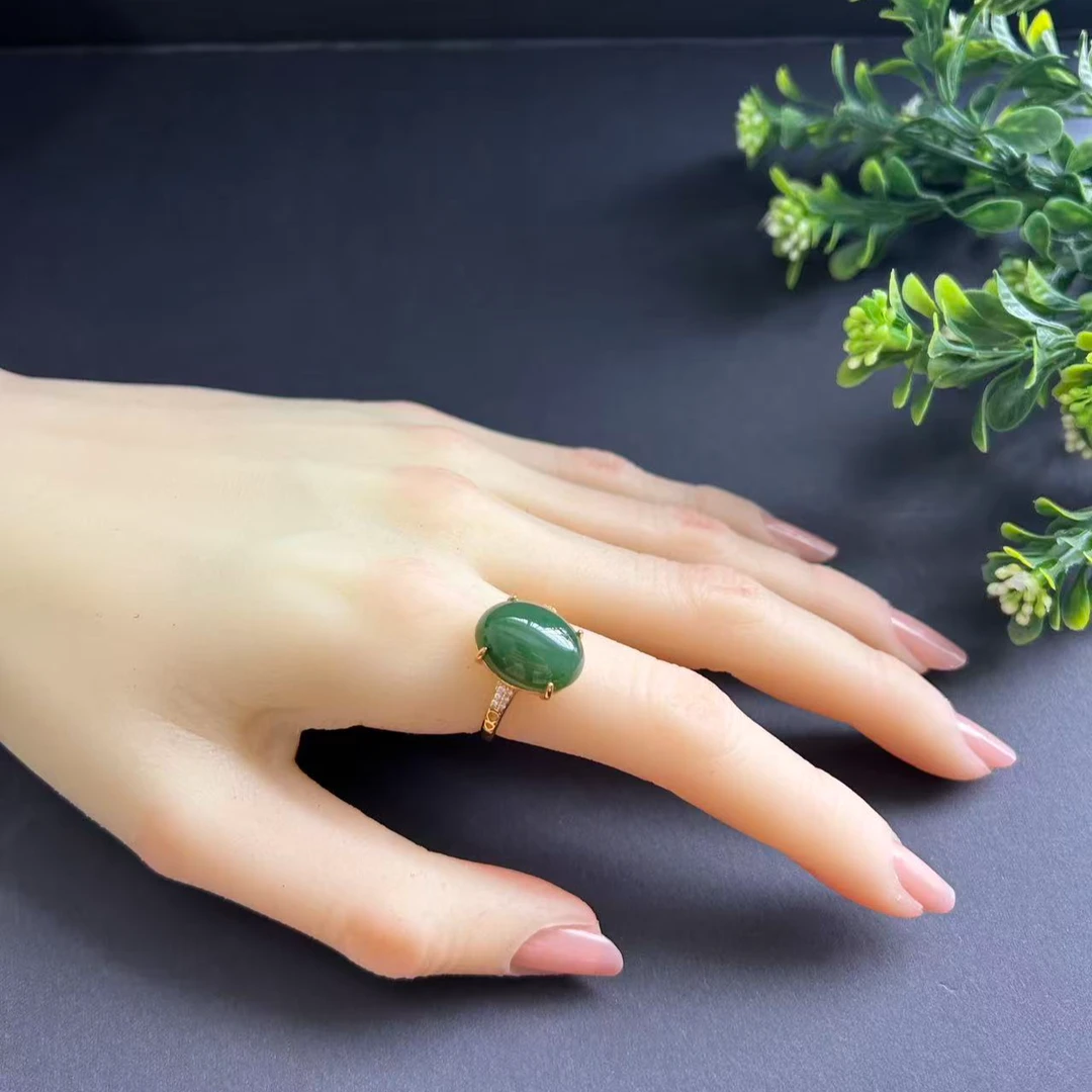 天然和田碧玉精美小蛋面女王戒银镶开口戒指【00213】