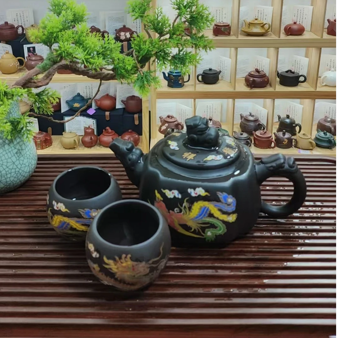 【大哥专用】紫砂龙凤呈祥变色凤鸣手工四方龙壶家用（一壶两杯）