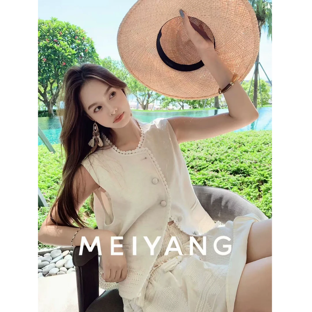 美洋MEIYANG 白梦境马甲 天丝麻混纺_蕾丝花边圆领排扣无袖-周五