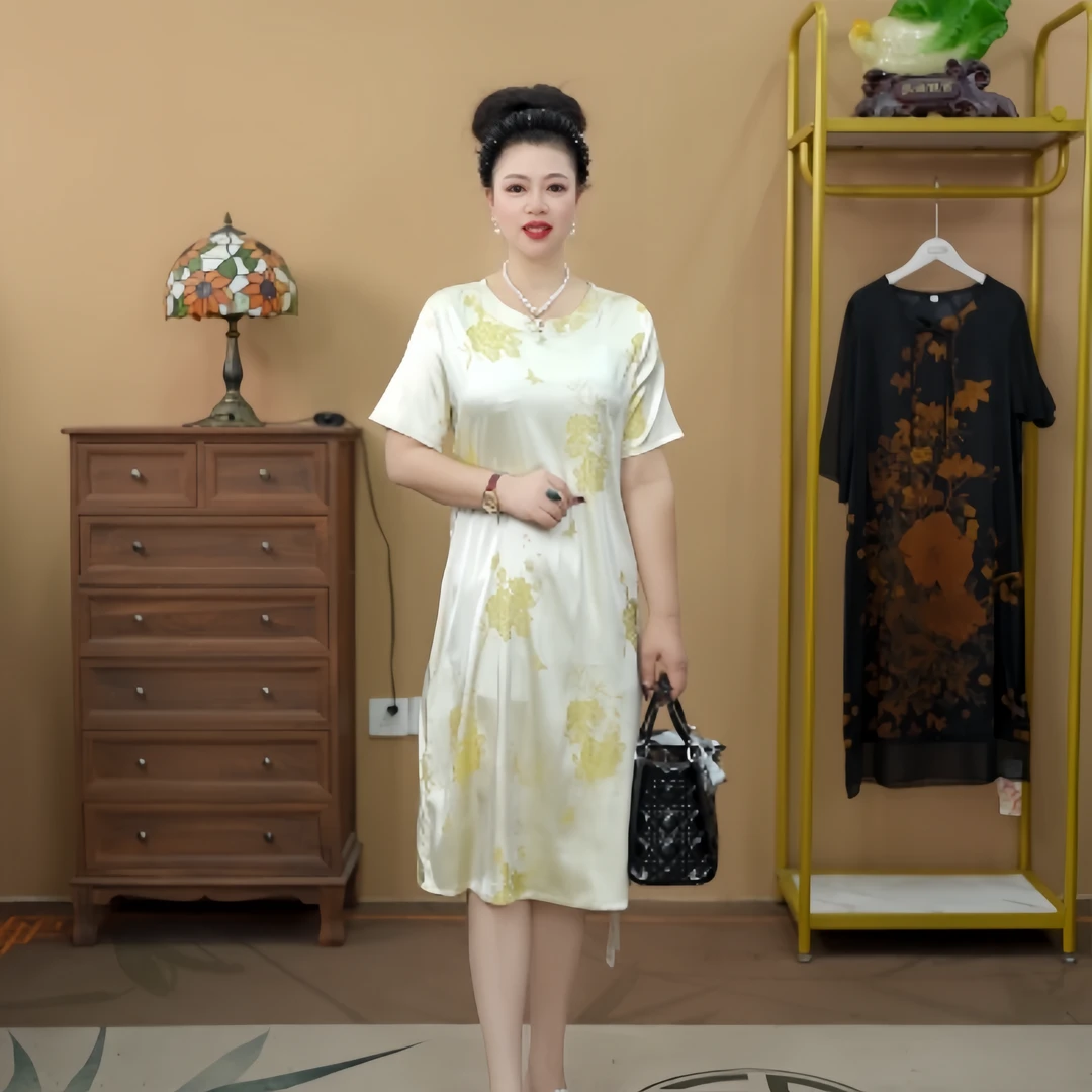 52168  A字裙连衣裙圆领新中式夏季复古印花裙