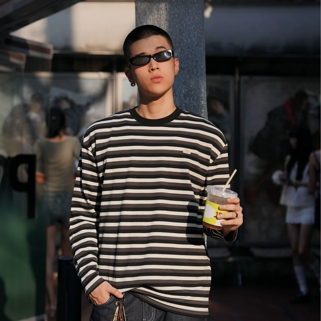 2025秋冬条纹长袖青年秋季日常拼接T恤男装针织复古衬衫上衣宽松