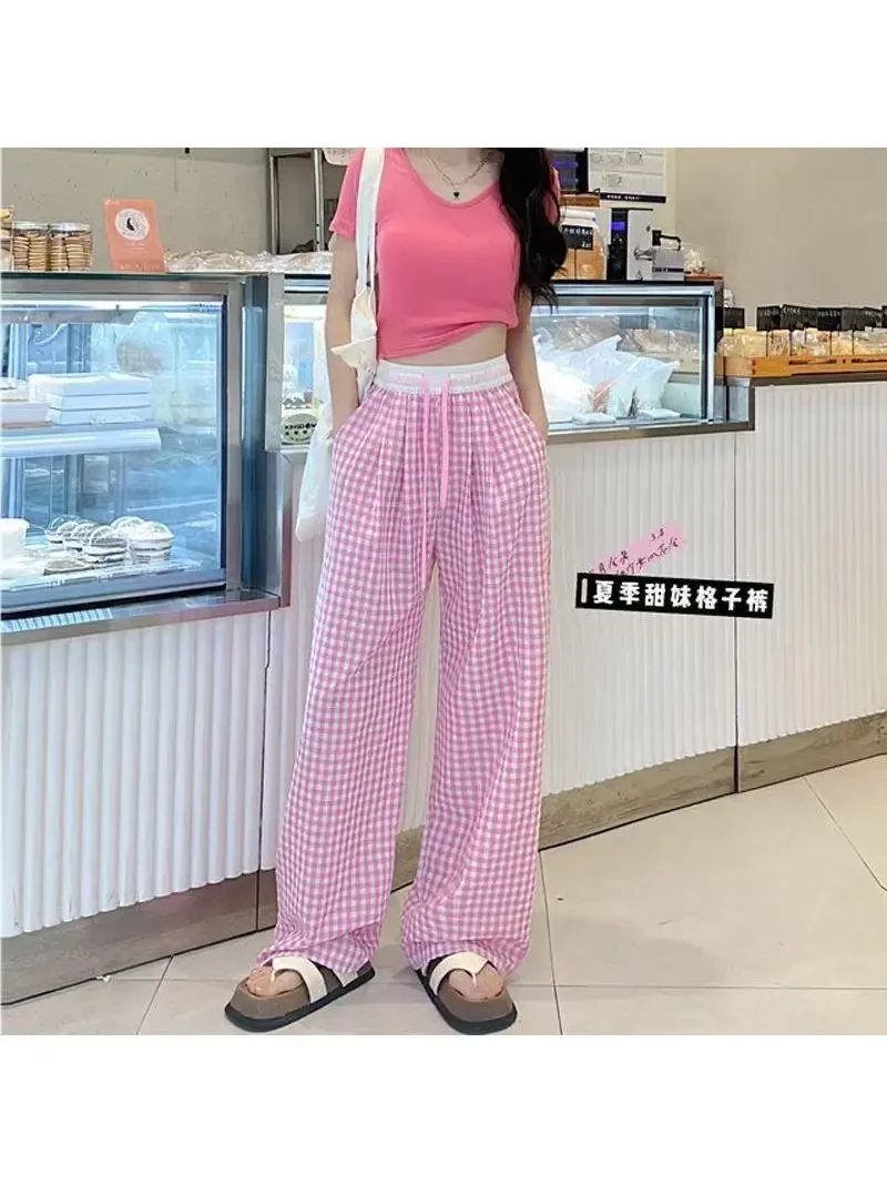 2551亮色减龄松紧腰格子直筒休闲裤