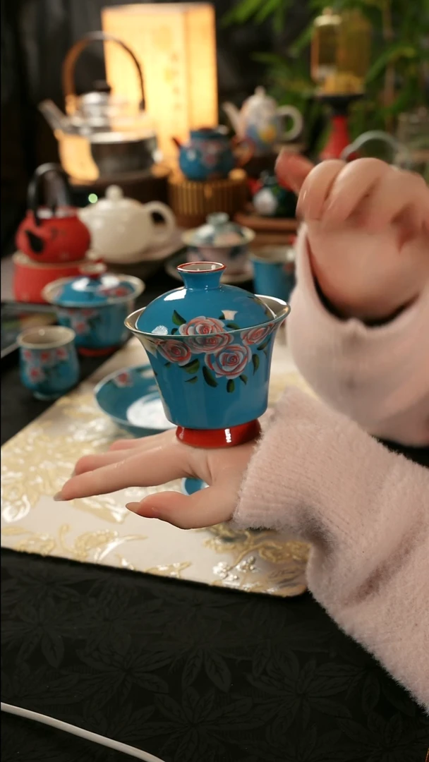 陶瓷茶具亮面玫瑰高足盖碗