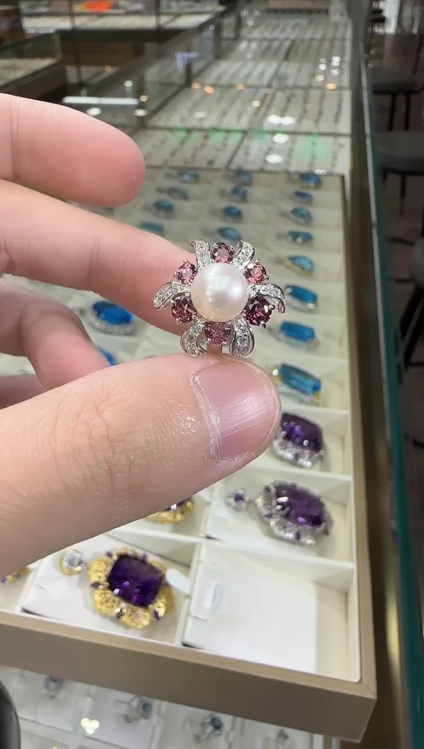 银S925镶嵌戒指淡水珍珠8mm戒指设计款