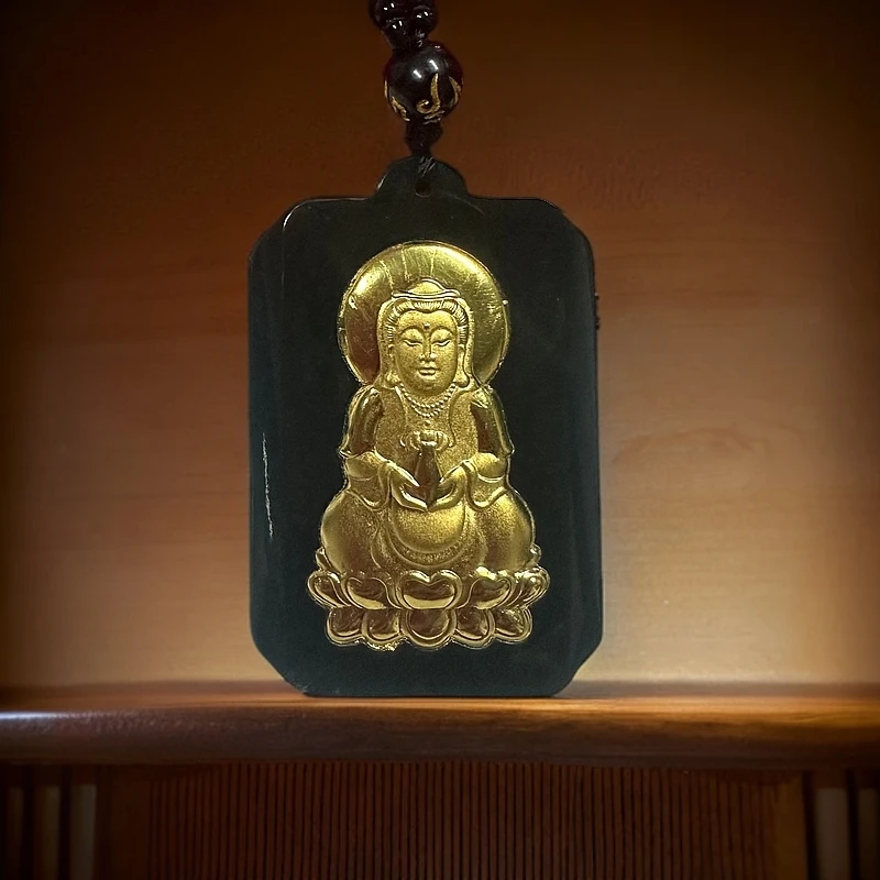 足金和田玉观音吊坠-带绳-带礼盒证书 LA06