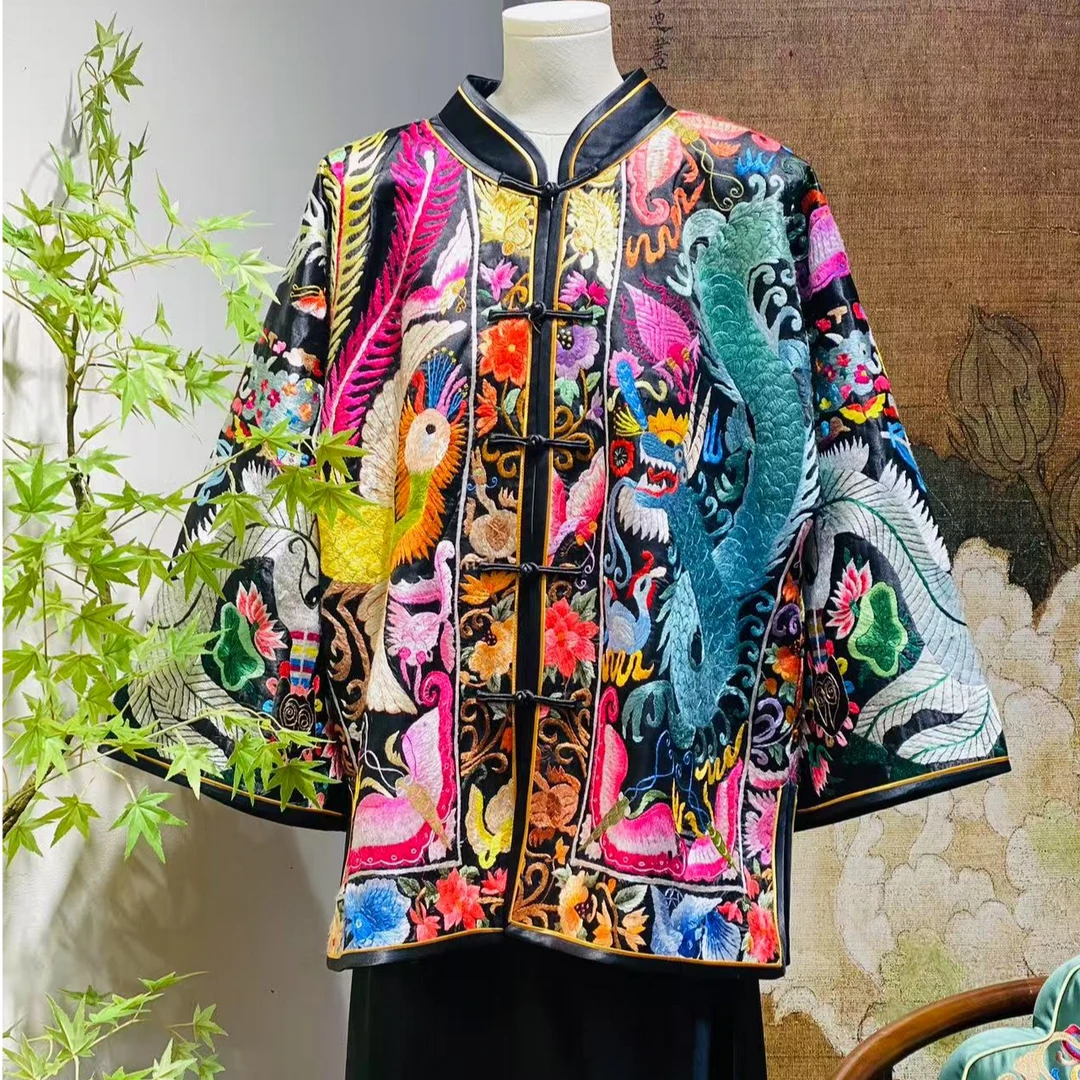 手绣满绣苗绣老绣图腾外套中长款立领直襟刺绣常规上衣