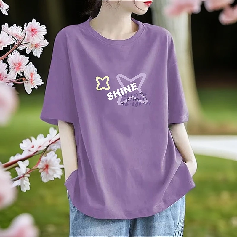 时尚潮牌纯棉短袖T恤女士夏季大码宽松百搭休闲减龄洋气圆领上衣