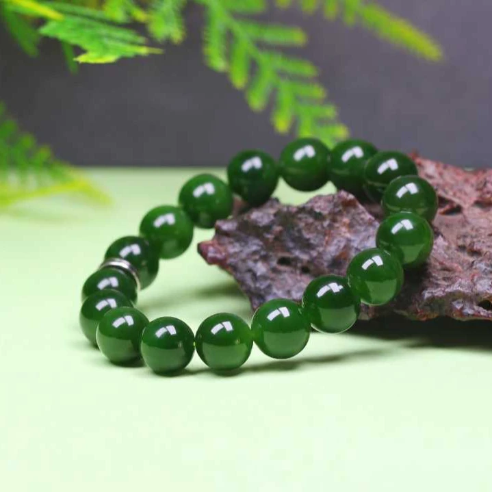 【上品典藏】和田玉手串12mm碧玉圆珠单圈菠菜绿俄料老型轻奢气质
