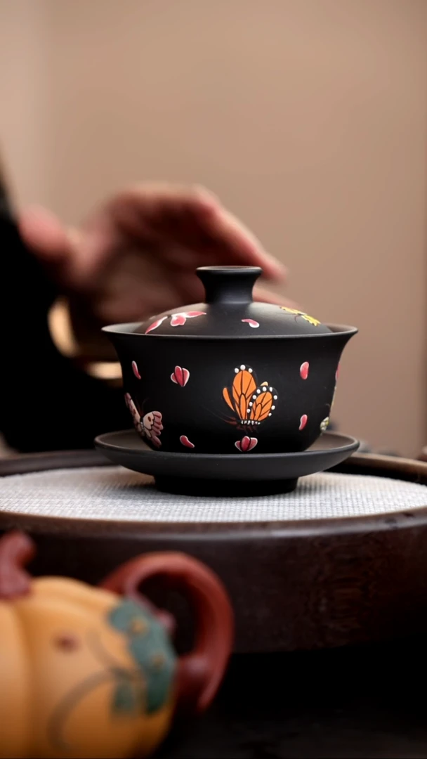 茶壶紫砂云雾天青蝴蝶三才盖碗