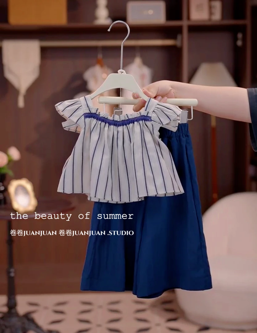 2025夏季新款竖条纹飞飞袖藏青A字森系轻奢休闲田园百搭套装