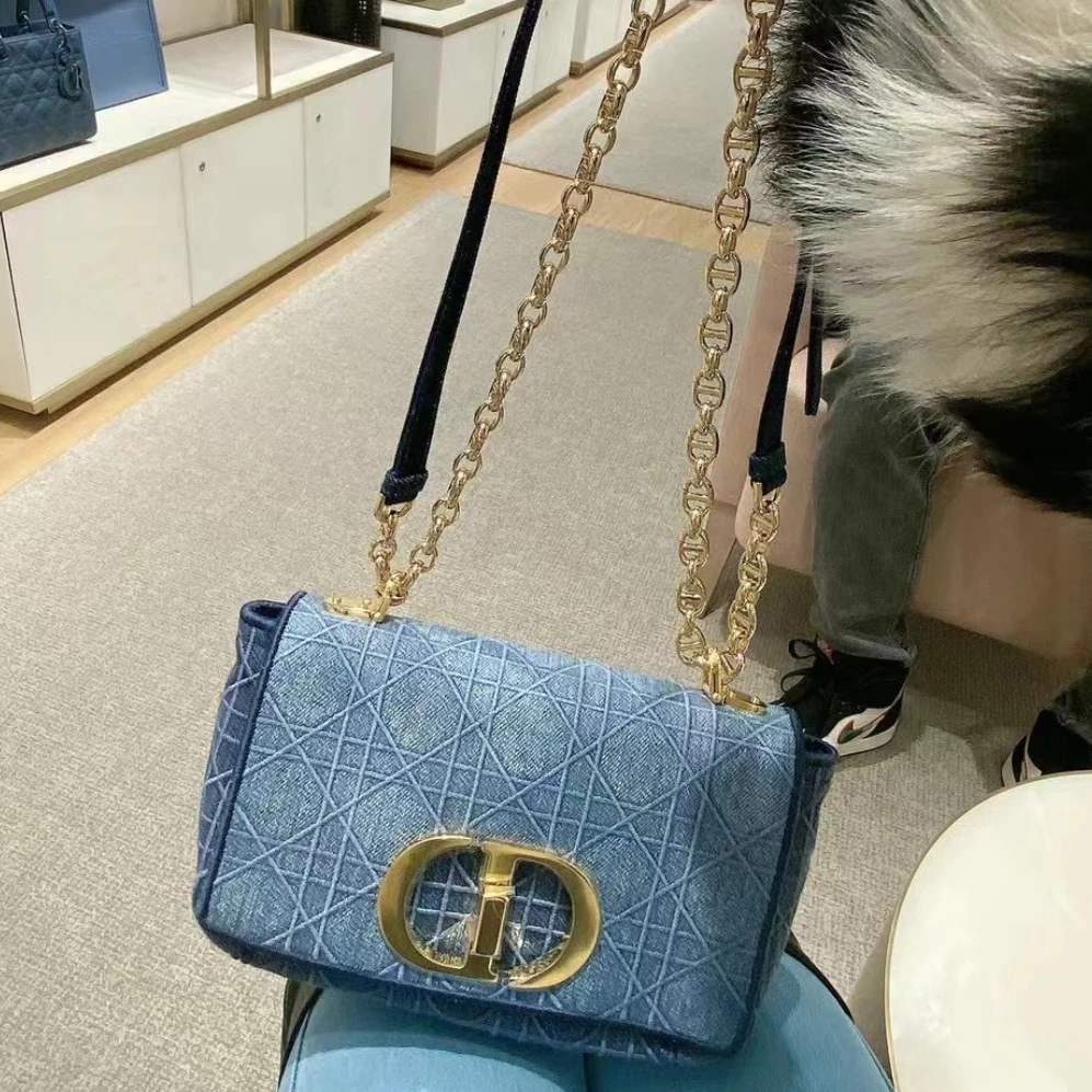 99新 DIOR/迪奥 蓝色 金扣 丹宁牛仔 Caro链条包 