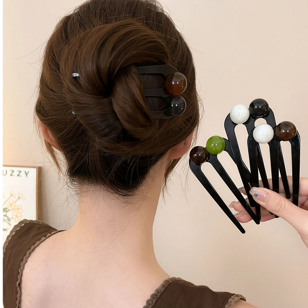 高级感三齿珠珠U型发簪日常简约通勤丸子头簪子后脑勺盘发器发钗