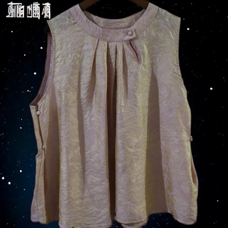 234-3薄款无袖圆领上衣提花褶皱洋气显瘦设计师无袖小衫