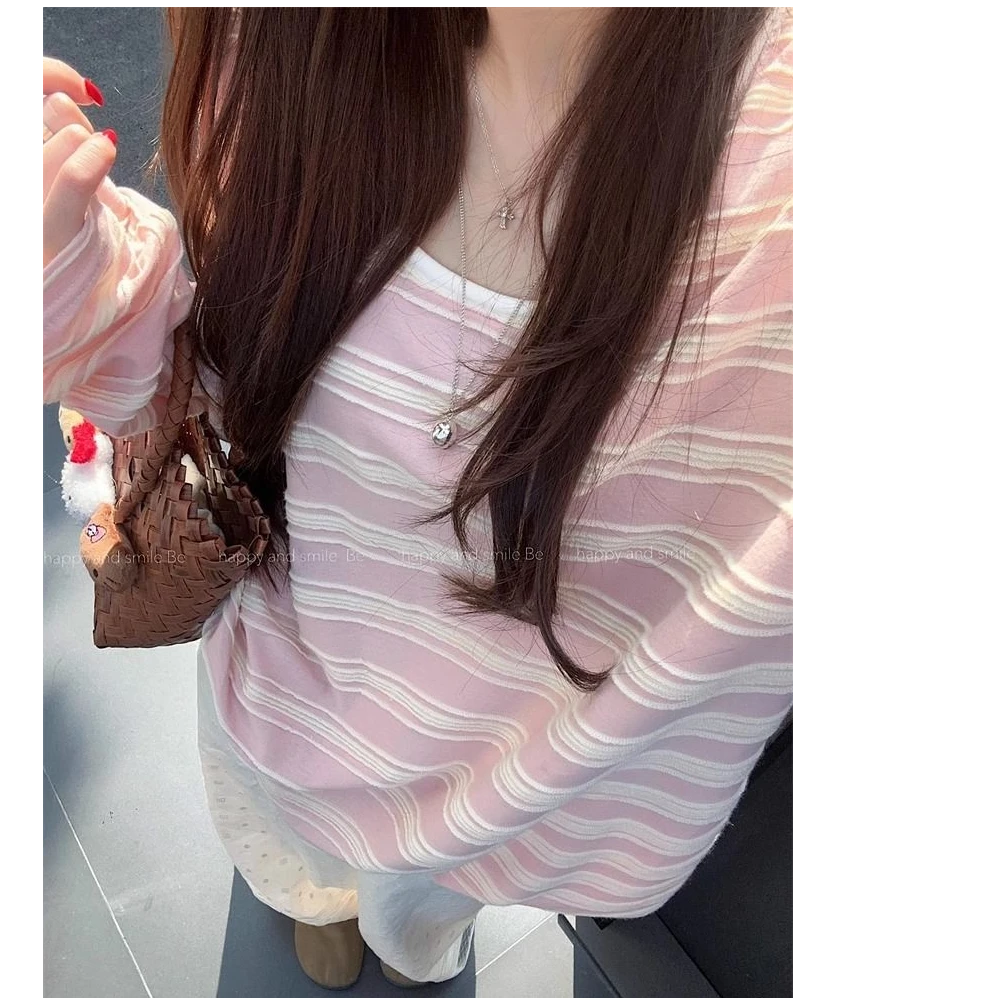 韩版条纹ins圆领宽松长袖T恤女设计感秋冬不起球显瘦撞色薄款上衣