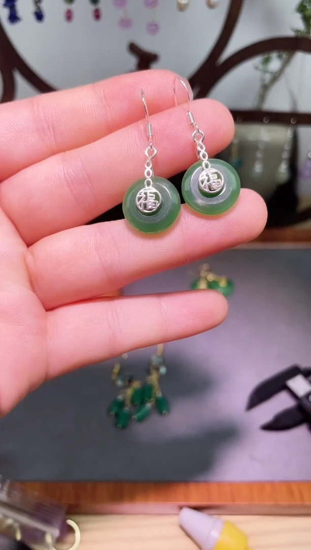 银S925镶嵌和田玉耳饰121000