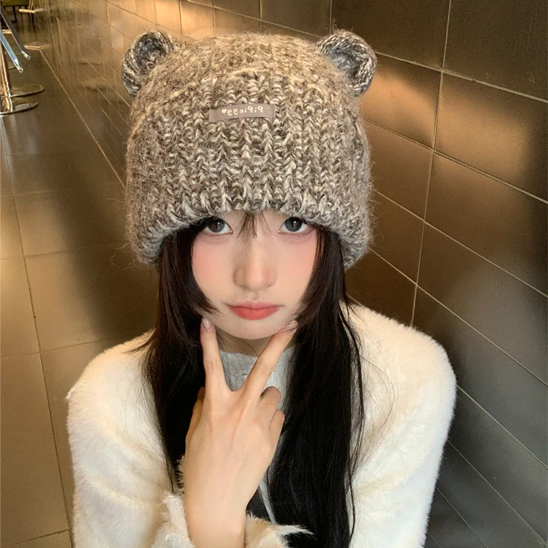 可爱小熊耳朵毛线帽子女款2025秋冬季新款加厚保暖包头帽潮流冷帽