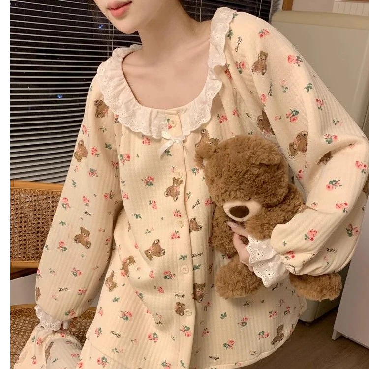 甜美风睡衣女款春秋季薄款韩系空气棉长袖开衫套装秋冬天家居服