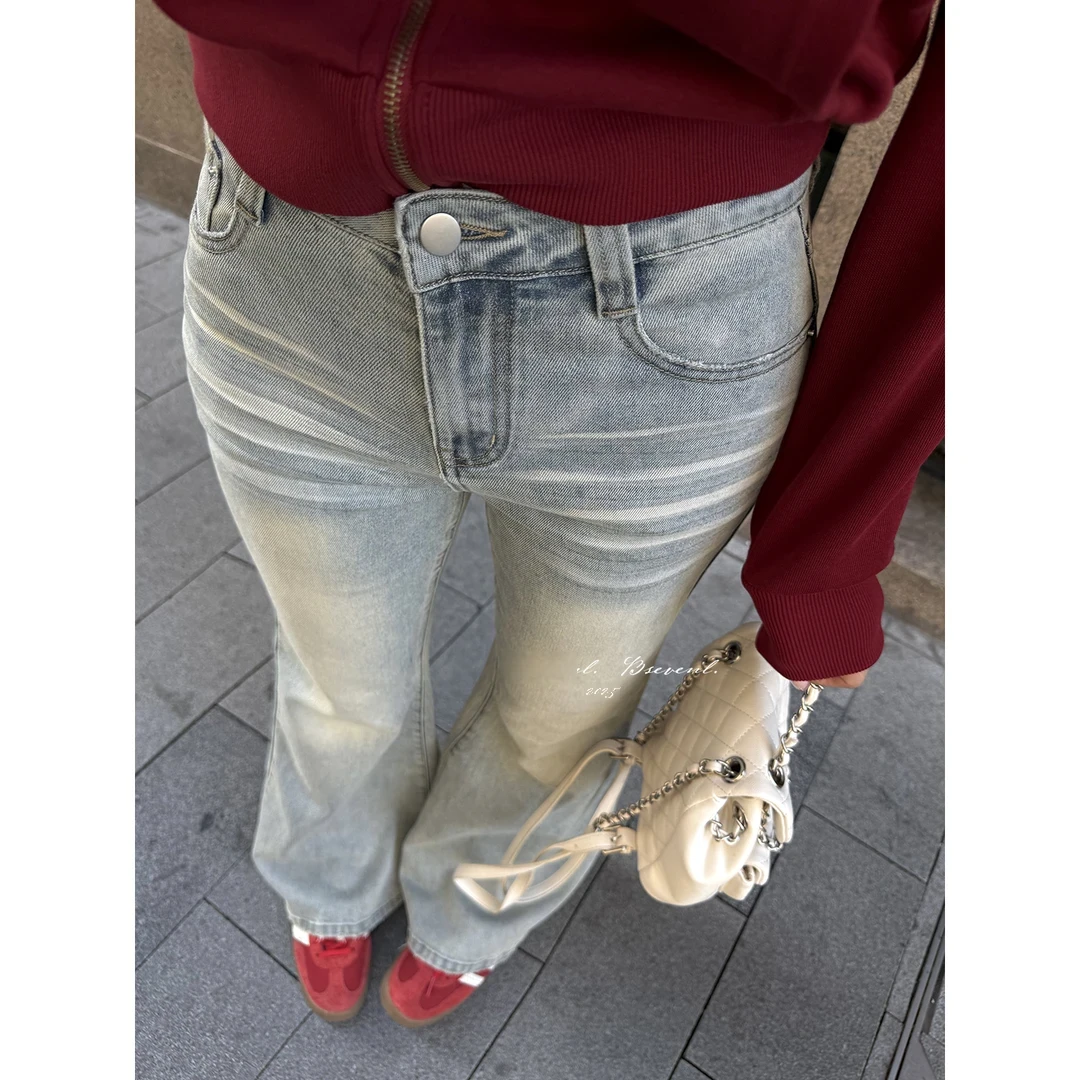 牛仔裤百搭高腰喇叭裤高腰直筒秋季阔腿裤短款设计感