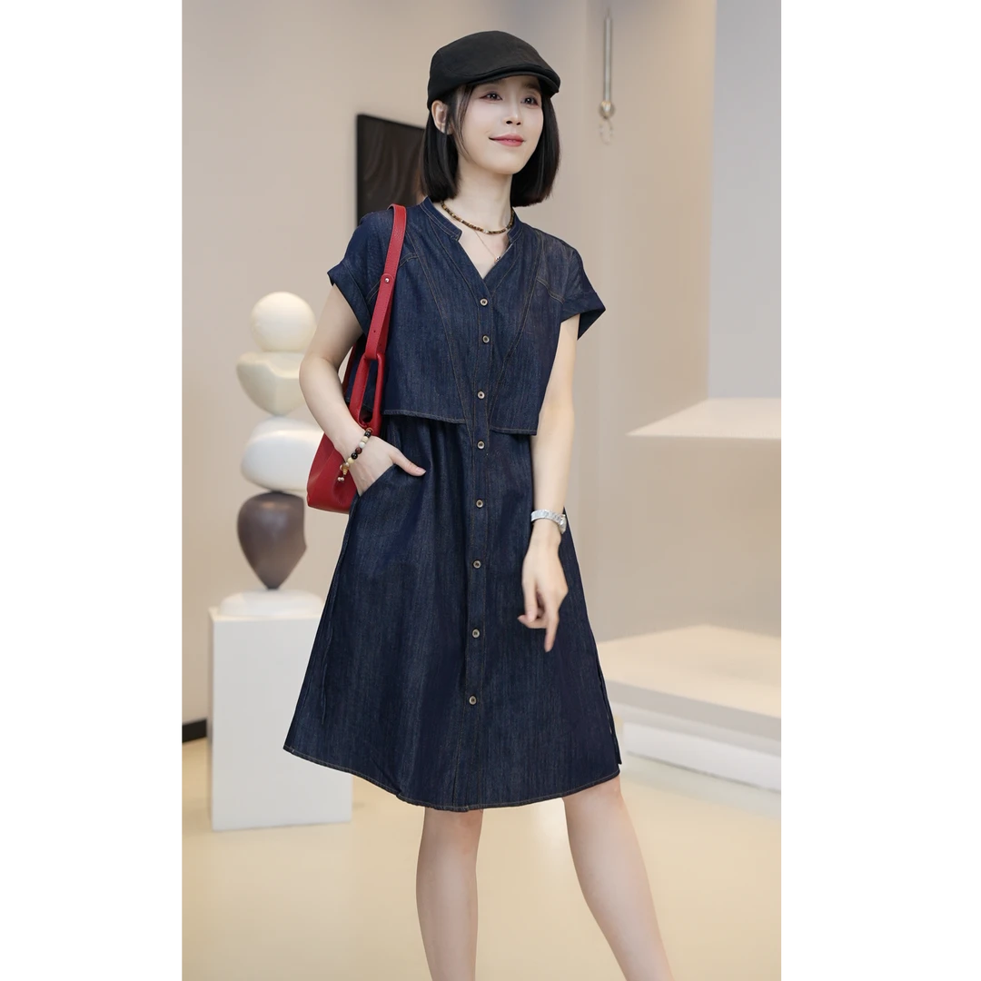 【YUE YUE】设计感复古洋气小众简约收腰夏季新款V领高定牛仔裙D723