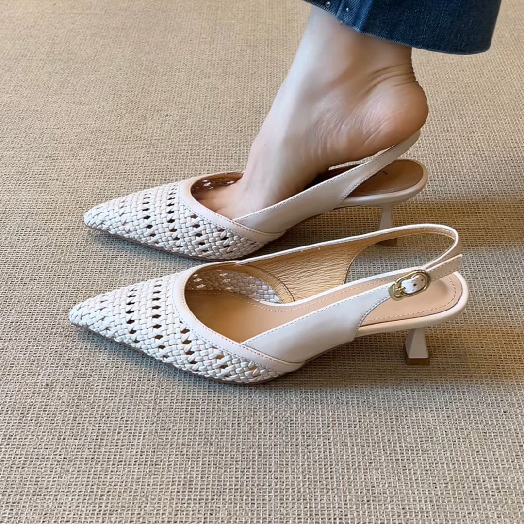 RubyL/5cm时尚气质街头风编织透气舒适百搭纯色细跟尖头凉鞋女款