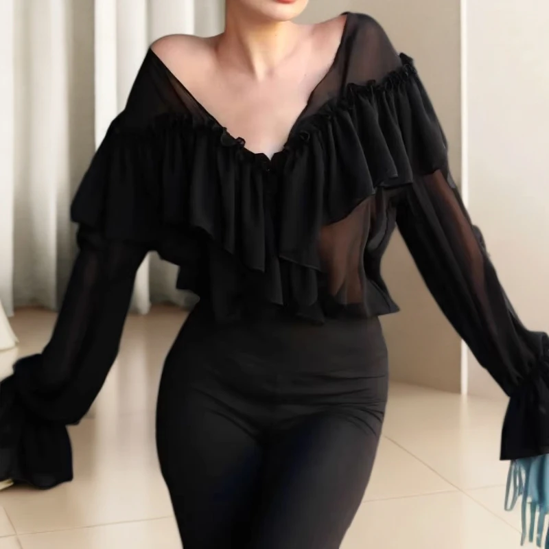 2025秋季新款休闲时尚木耳边V领雪纺衫女宽松纯色喇叭袖衬衫上衣