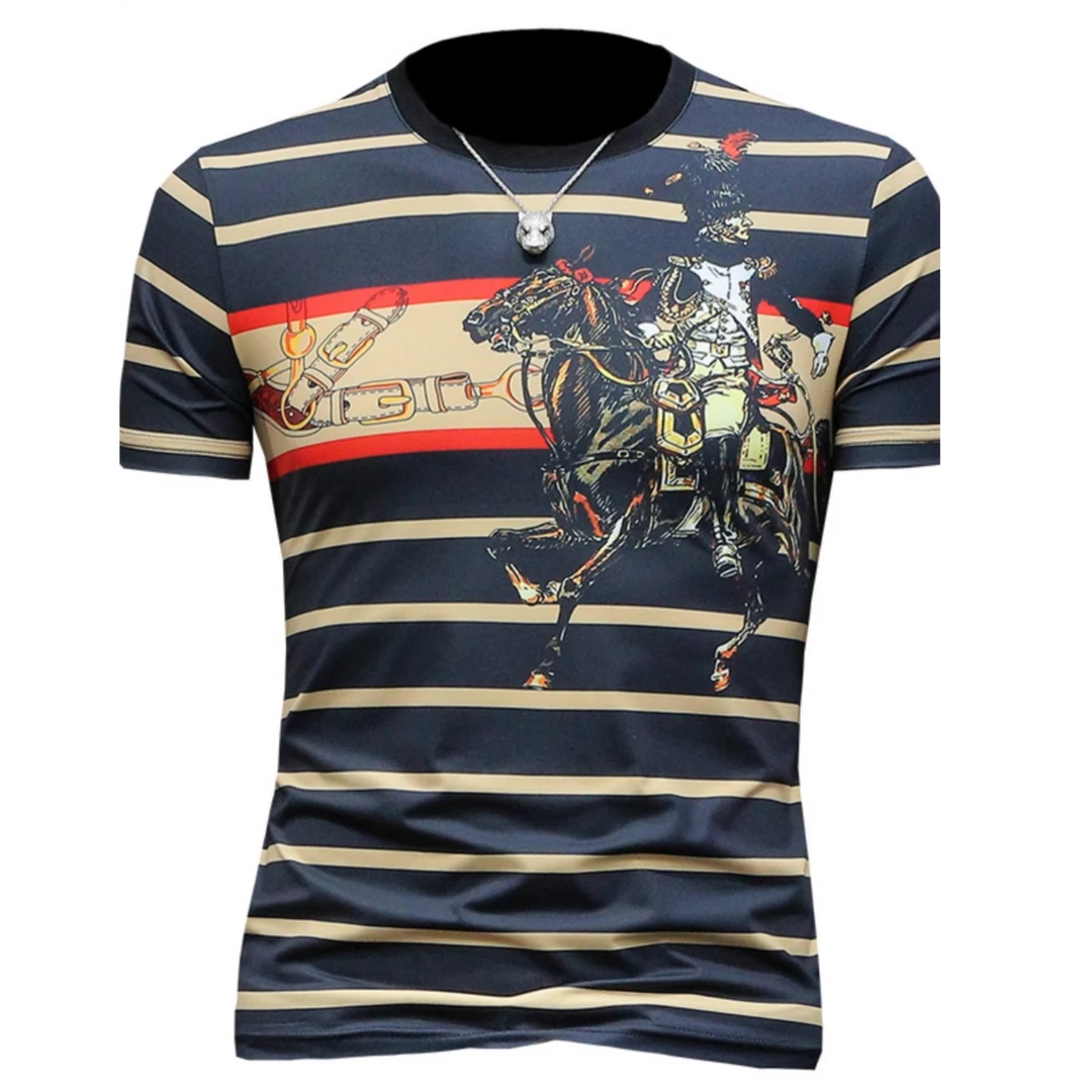 怀勤桑顿欧货潮牌百搭条纹印花短袖t恤男士夏季圆领半袖体恤衫